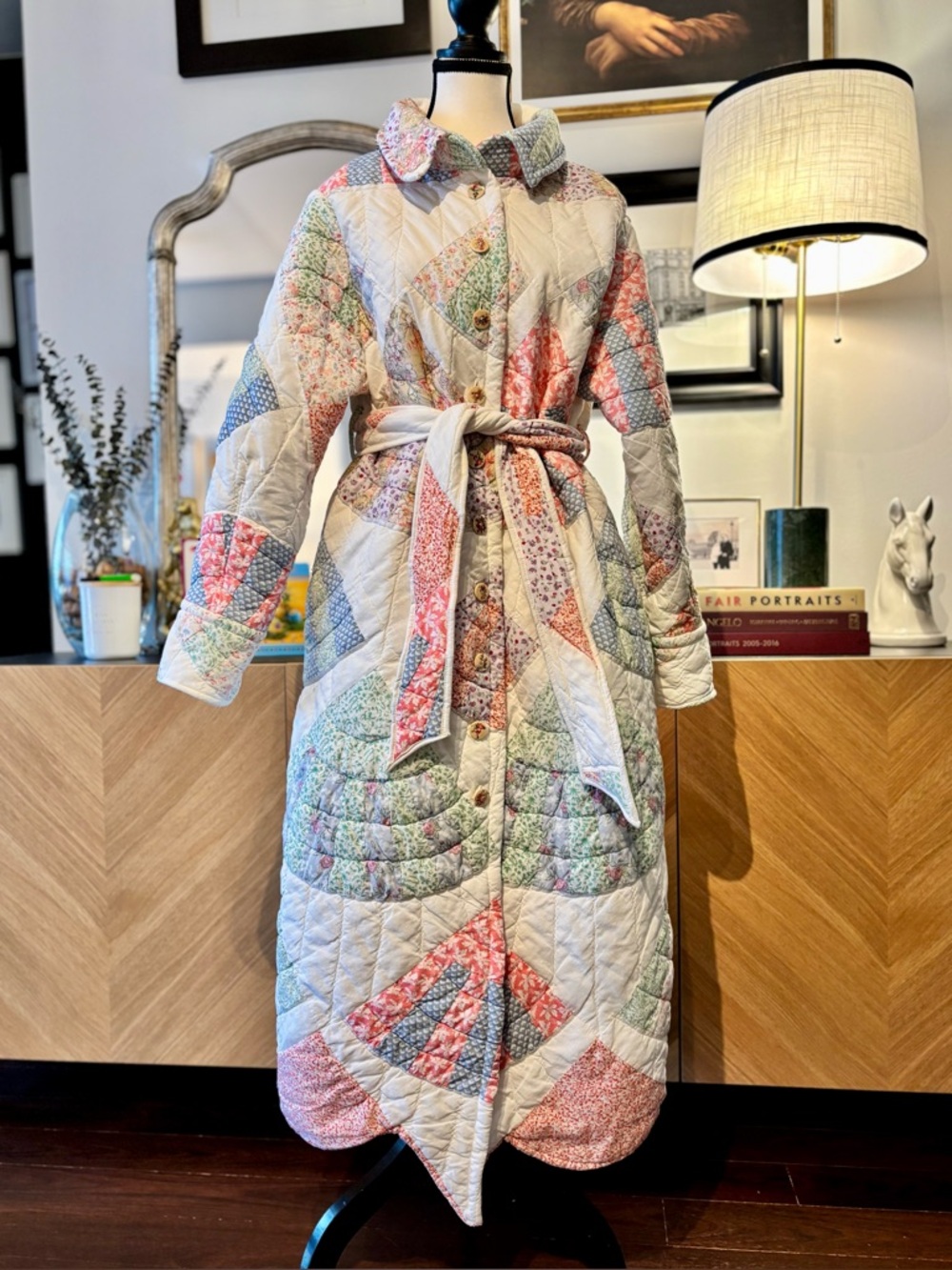 💕SOLD 🧵HANDMADE Fan Patchwork Long Quilt Belted Coat in Pastel Floral S/M - Picture 15 of 16